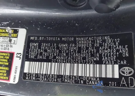 2012 Toyota Corolla Le from USA, damaged, VIN 2T1BU4EE0CC917233
